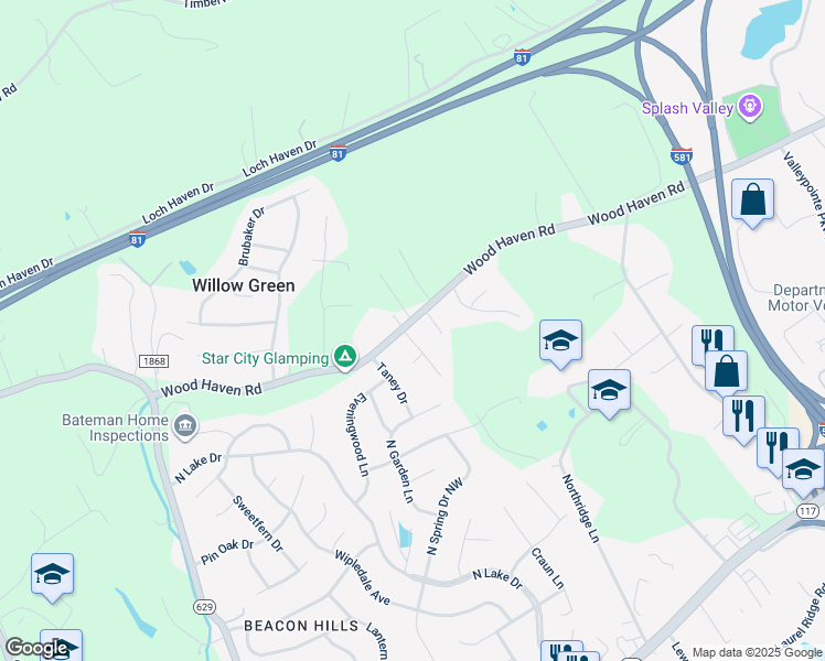 map of restaurants, bars, coffee shops, grocery stores, and more near 7949 Wood Haven Rd in Roanoke