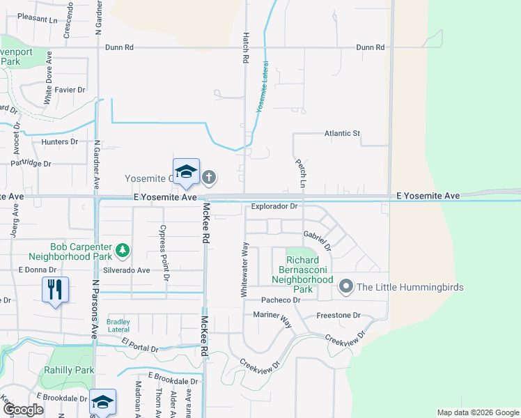 map of restaurants, bars, coffee shops, grocery stores, and more near 2336 Explorador Drive in Merced