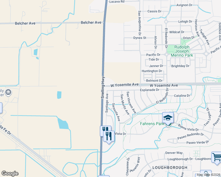map of restaurants, bars, coffee shops, grocery stores, and more near 1567 Esplanade Drive in Merced