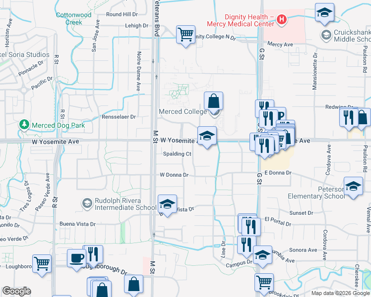 map of restaurants, bars, coffee shops, grocery stores, and more near 3572 Wathen Court in Merced