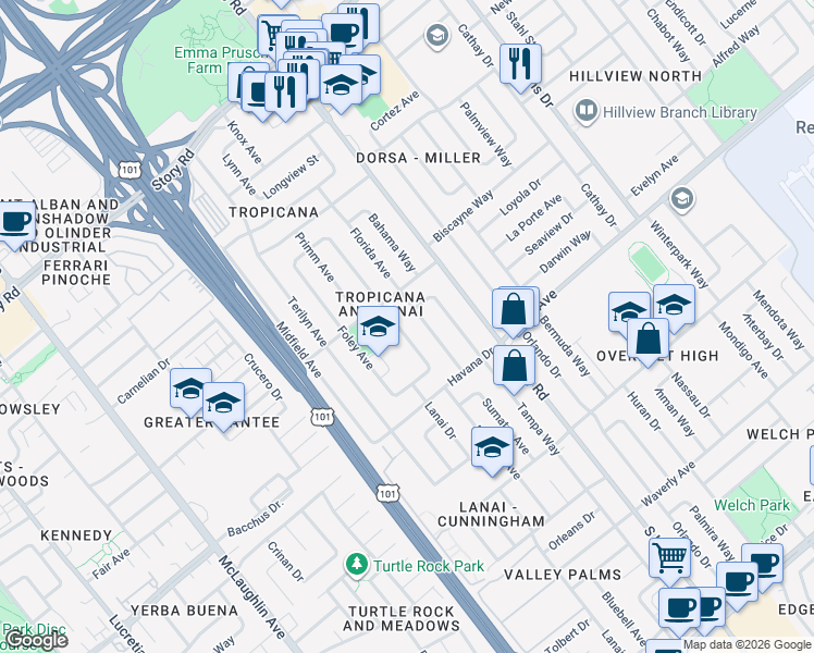 map of restaurants, bars, coffee shops, grocery stores, and more near in San Jose