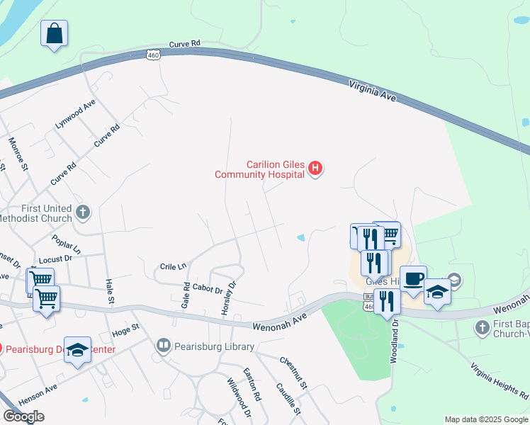 map of restaurants, bars, coffee shops, grocery stores, and more near 514 Lawndale Drive in Pearisburg