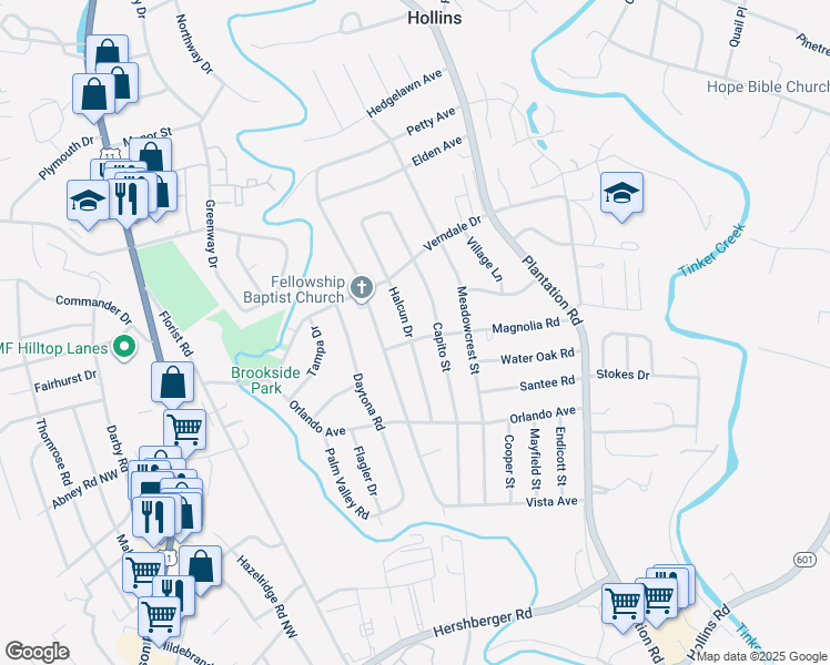 map of restaurants, bars, coffee shops, grocery stores, and more near 5603 Halcun Drive in Hollins