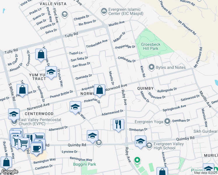 map of restaurants, bars, coffee shops, grocery stores, and more near 2896 Rathmann Drive in San Jose