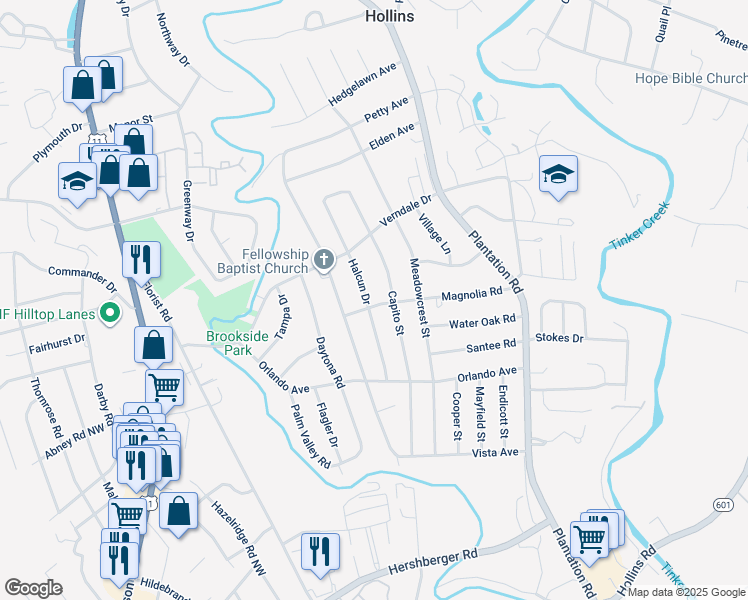 map of restaurants, bars, coffee shops, grocery stores, and more near 5603 Halcun Drive in Hollins