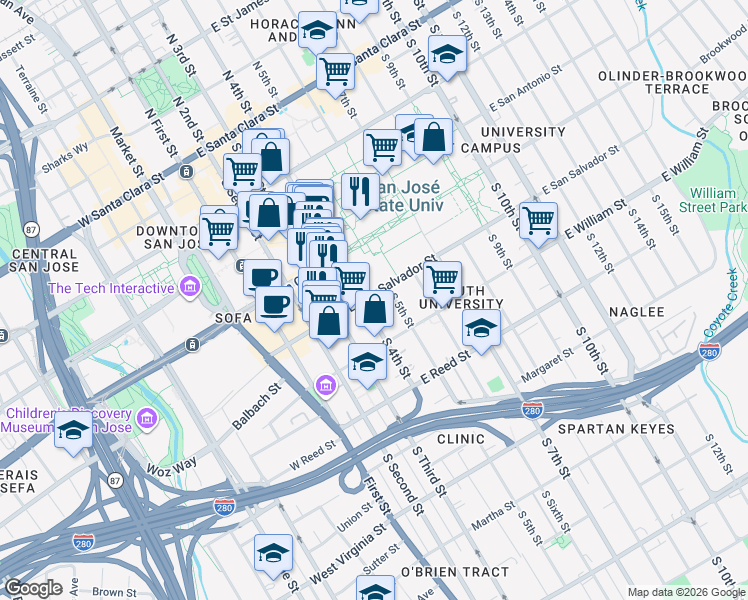 map of restaurants, bars, coffee shops, grocery stores, and more near East San Salvador Street in San Jose