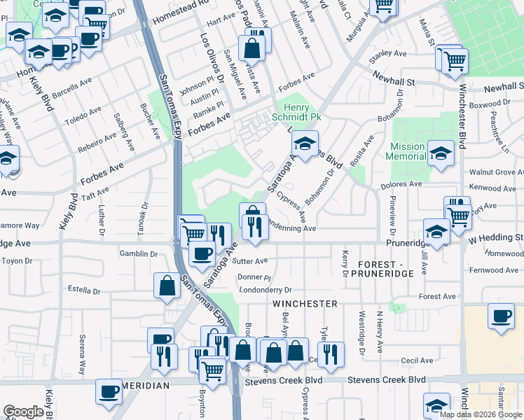 map of restaurants, bars, coffee shops, grocery stores, and more near 409 Saratoga Avenue in Santa Clara