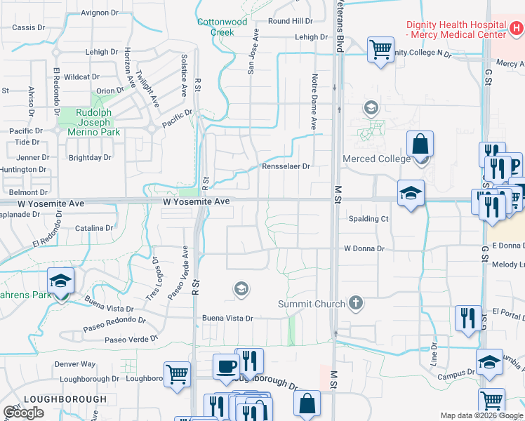 map of restaurants, bars, coffee shops, grocery stores, and more near 3590 San Jose Avenue in Merced