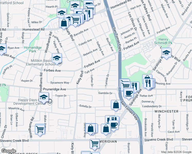 map of restaurants, bars, coffee shops, grocery stores, and more near 2696 Birchtree Lane in Santa Clara