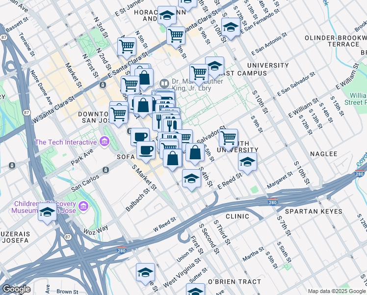 map of restaurants, bars, coffee shops, grocery stores, and more near 345 South 4th Street in San Jose