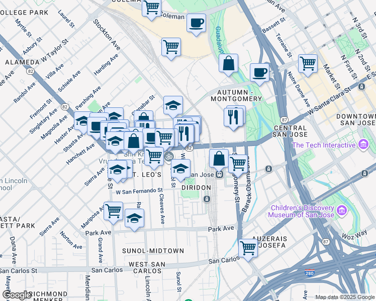 map of restaurants, bars, coffee shops, grocery stores, and more near 754 The Alameda in San Jose
