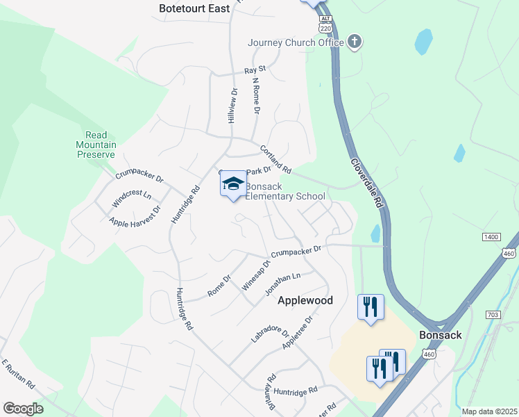 map of restaurants, bars, coffee shops, grocery stores, and more near 5468 Orchard Villas Circle in Roanoke