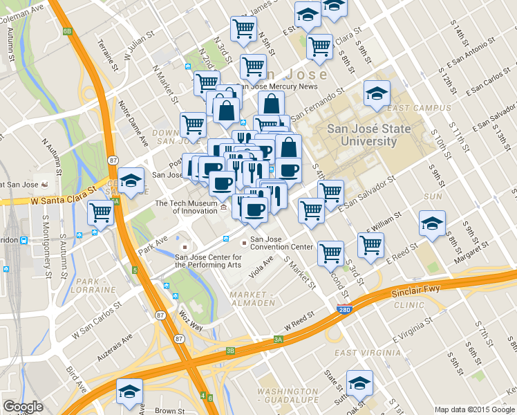 map of restaurants, bars, coffee shops, grocery stores, and more near 285 South Market Street in San Jose
