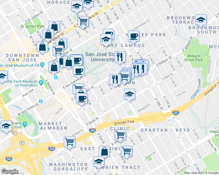 map of restaurants, bars, coffee shops, grocery stores, and more near 463 South 7th Street in San Jose