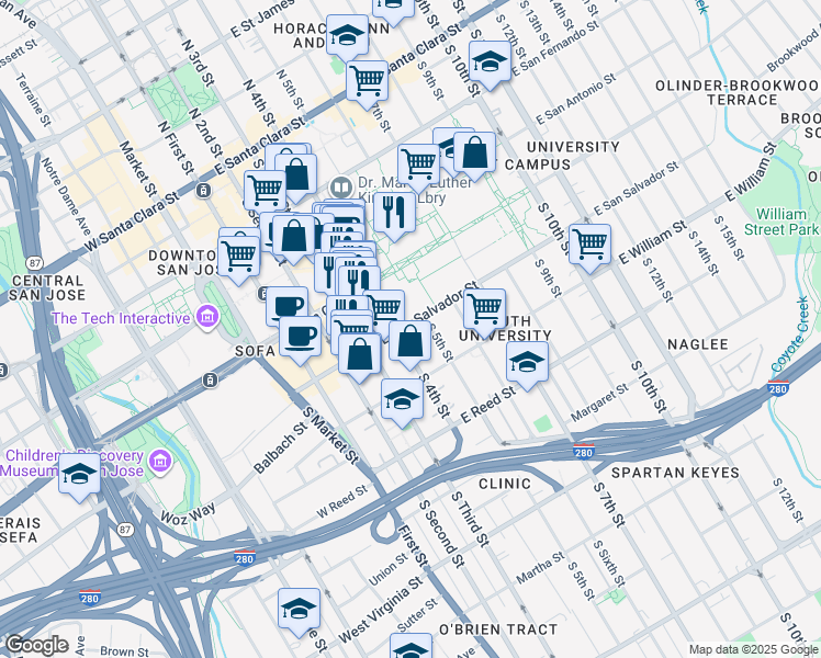 map of restaurants, bars, coffee shops, grocery stores, and more near 168 East San Salvador Street in San Jose
