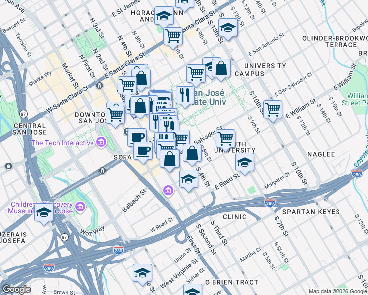 map of restaurants, bars, coffee shops, grocery stores, and more near 168 East San Salvador Street in San Jose