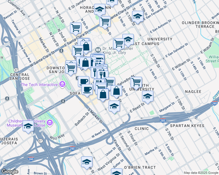 map of restaurants, bars, coffee shops, grocery stores, and more near 345 South 4th Street in San Jose