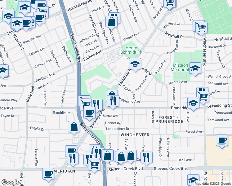 map of restaurants, bars, coffee shops, grocery stores, and more near 409 Saratoga Avenue in Santa Clara