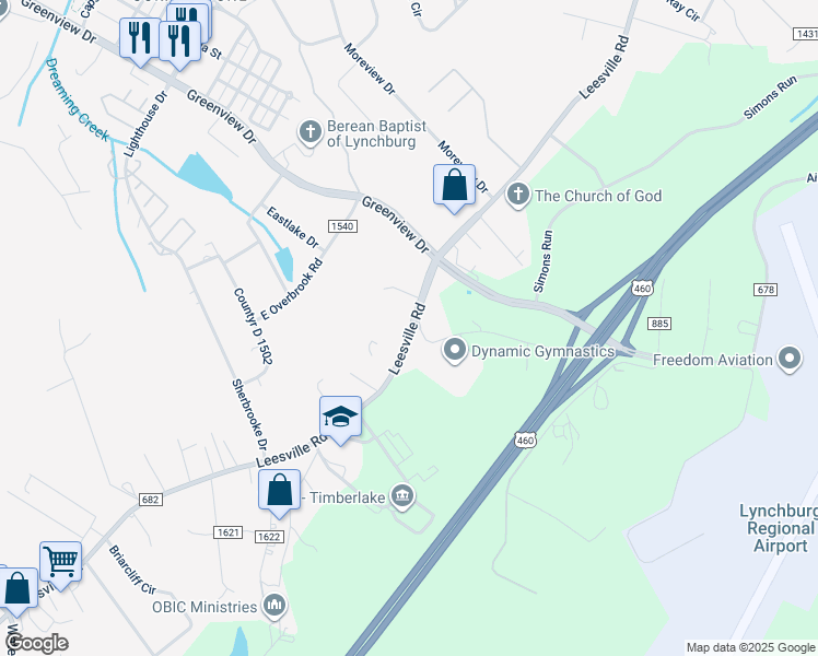 map of restaurants, bars, coffee shops, grocery stores, and more near 20278 Leesville Road in Lynchburg