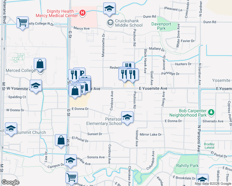 map of restaurants, bars, coffee shops, grocery stores, and more near 410 East Yosemite Avenue in Merced