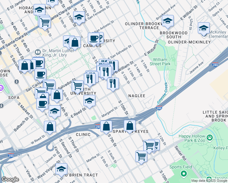 map of restaurants, bars, coffee shops, grocery stores, and more near South 10th Street & East Reed Street in San Jose