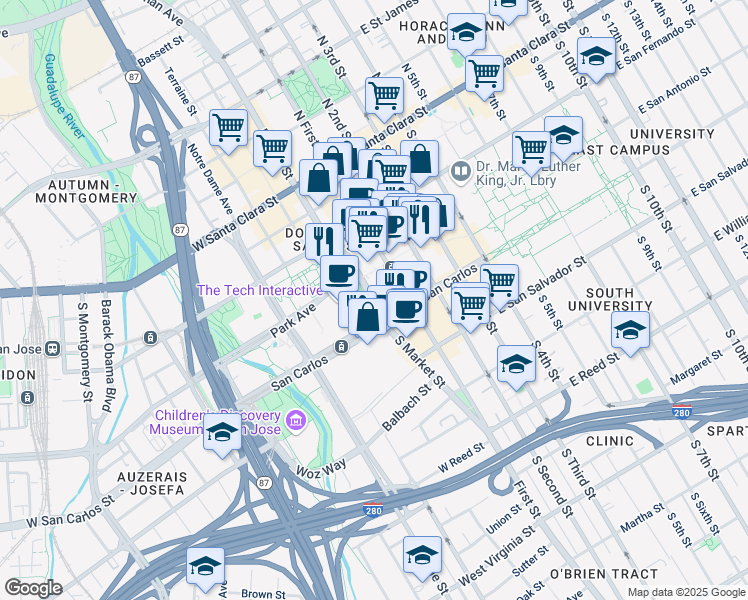 map of restaurants, bars, coffee shops, grocery stores, and more near South Market Street in San Jose