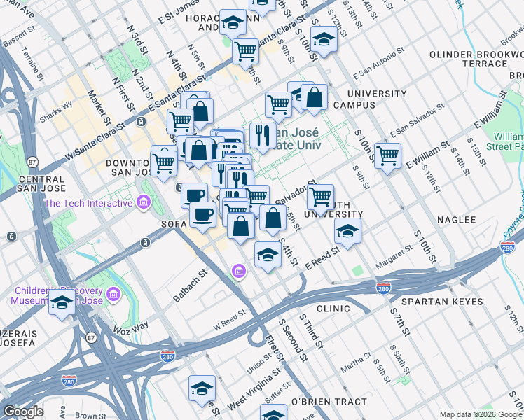 map of restaurants, bars, coffee shops, grocery stores, and more near 168 East San Salvador Street in San Jose