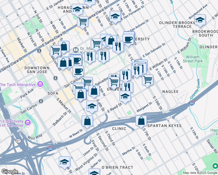 map of restaurants, bars, coffee shops, grocery stores, and more near 463 South 7th Street in San Jose