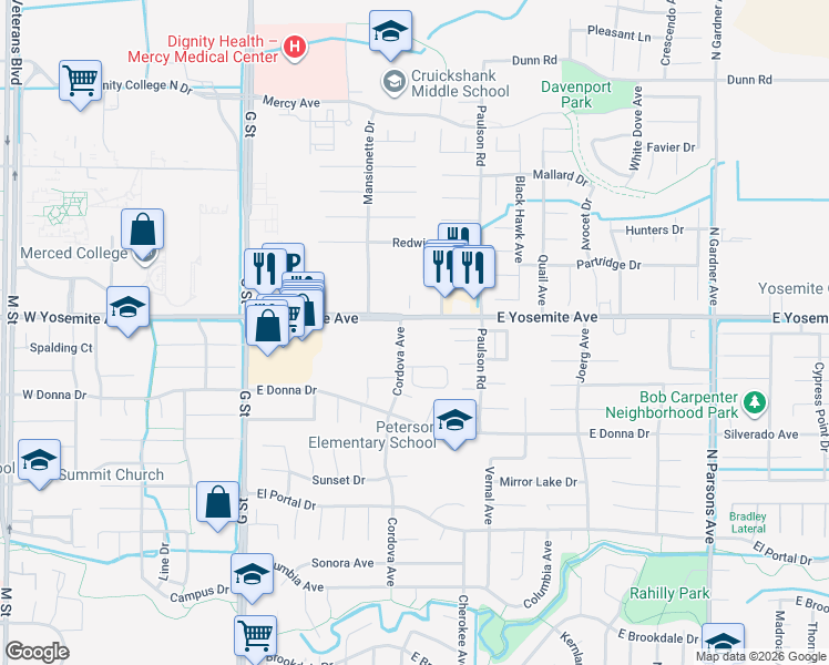 map of restaurants, bars, coffee shops, grocery stores, and more near 410 East Yosemite Avenue in Merced