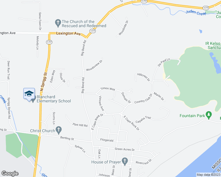 map of restaurants, bars, coffee shops, grocery stores, and more near Timon Way in Cape Girardeau