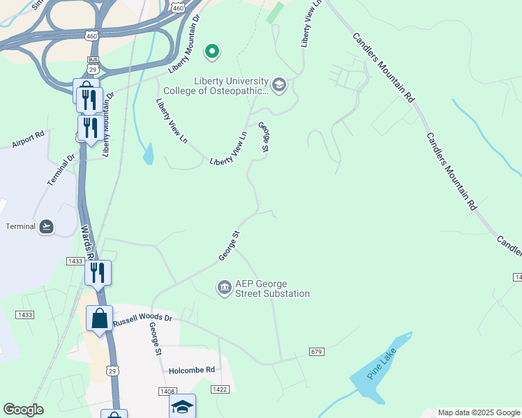 map of restaurants, bars, coffee shops, grocery stores, and more near 929 George Street in Lynchburg