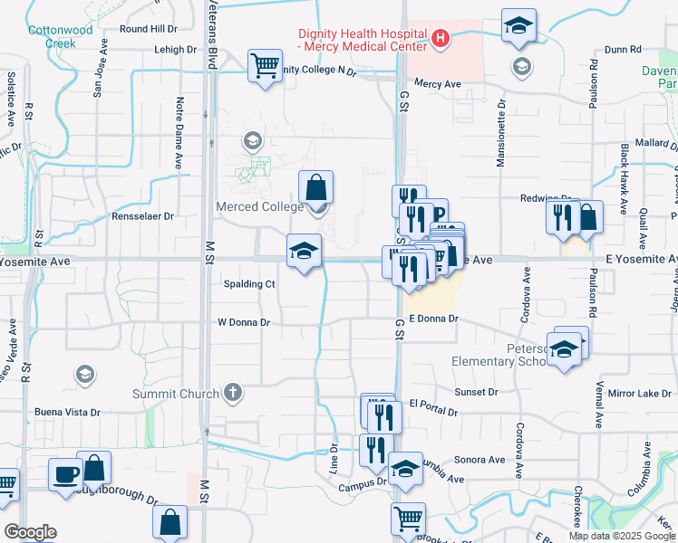 map of restaurants, bars, coffee shops, grocery stores, and more near 255 Snowhaven Court in Merced