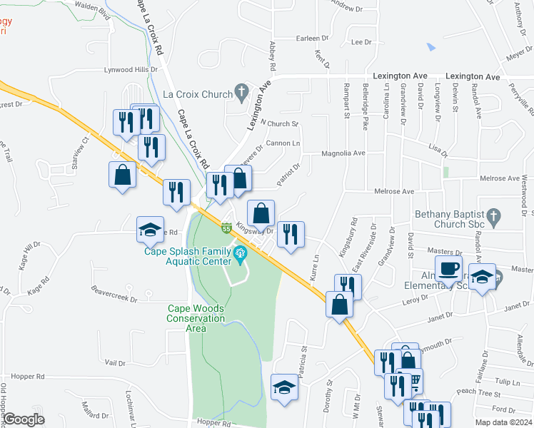 map of restaurants, bars, coffee shops, grocery stores, and more near 1508 Jessica Drive in Cape Girardeau