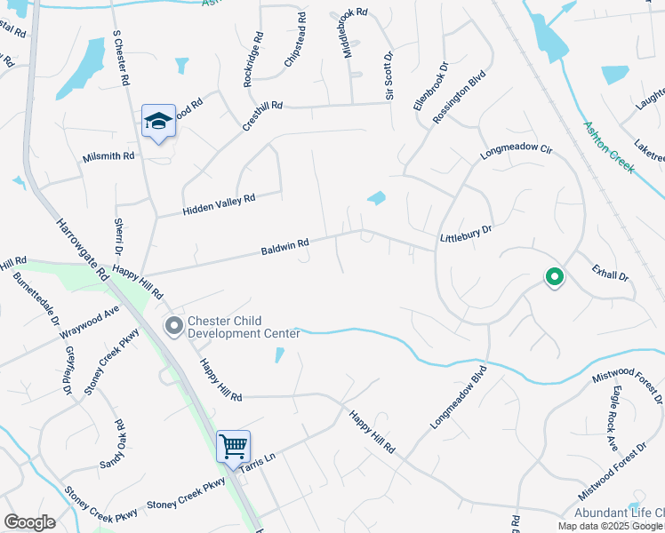 map of restaurants, bars, coffee shops, grocery stores, and more near 3825 Baldwin Road in Chester
