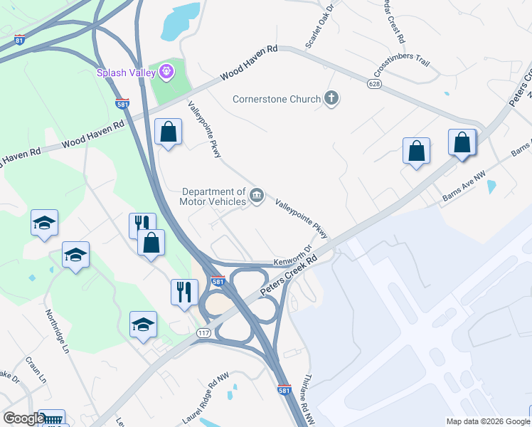 map of restaurants, bars, coffee shops, grocery stores, and more near 5162 Valleypointe Parkway in Roanoke