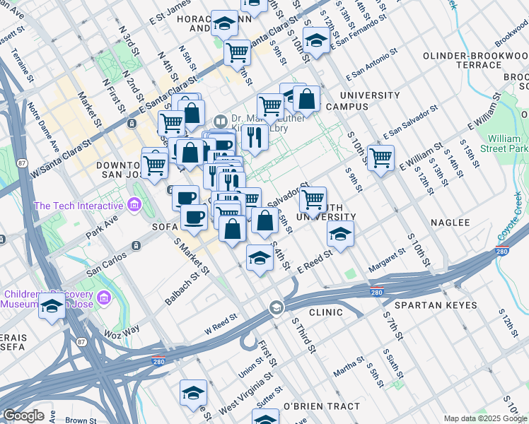 map of restaurants, bars, coffee shops, grocery stores, and more near 168 East San Salvador Street in San Jose