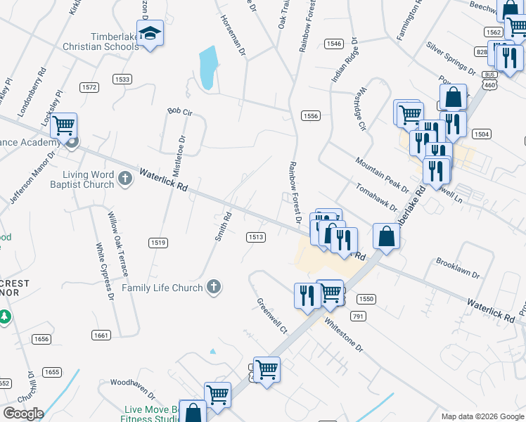 map of restaurants, bars, coffee shops, grocery stores, and more near 3635 Waterlick Road in Forest