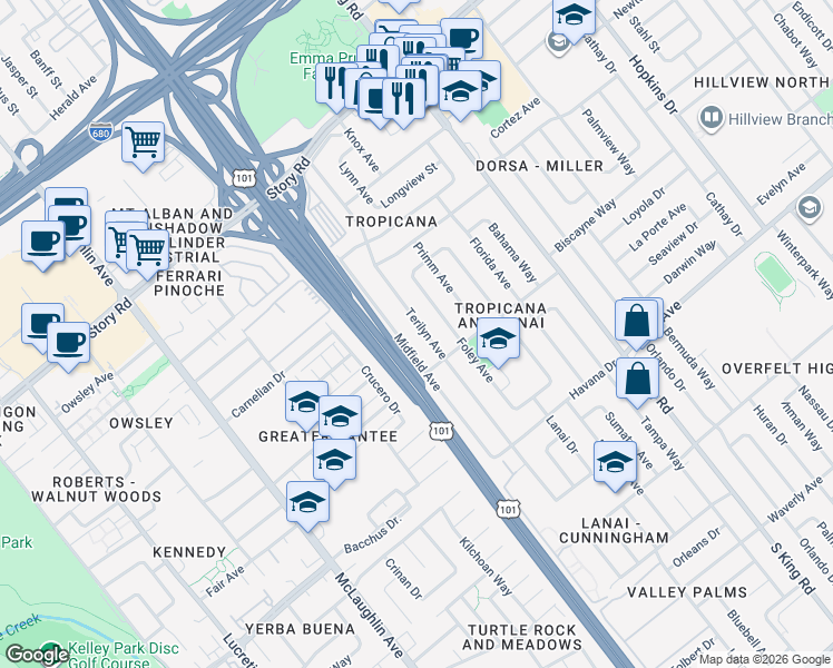 map of restaurants, bars, coffee shops, grocery stores, and more near 1549 Terilyn Avenue in San Jose