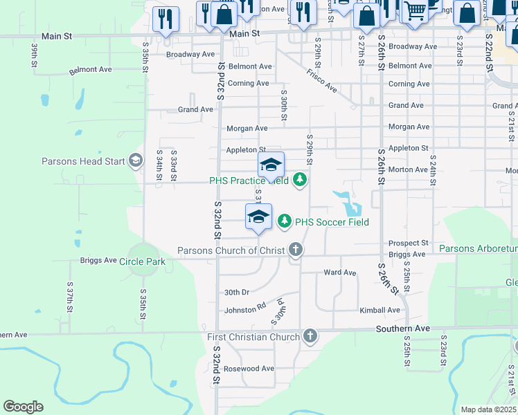 map of restaurants, bars, coffee shops, grocery stores, and more near 1020 South 31st Street in Parsons