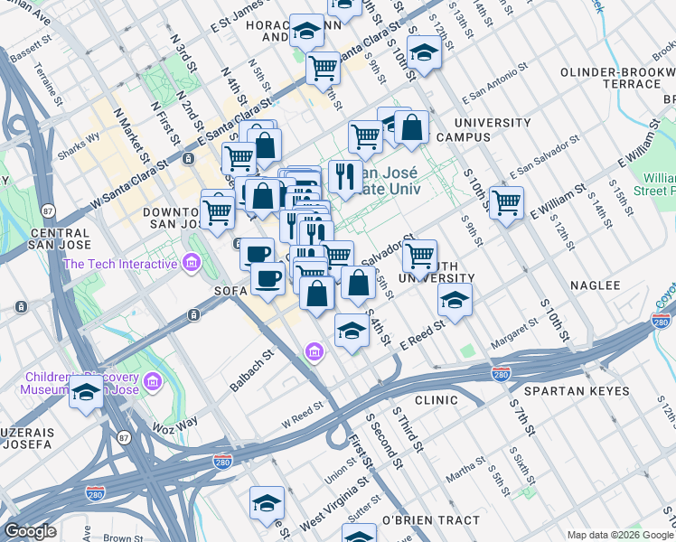map of restaurants, bars, coffee shops, grocery stores, and more near 168 East San Salvador Street in San Jose