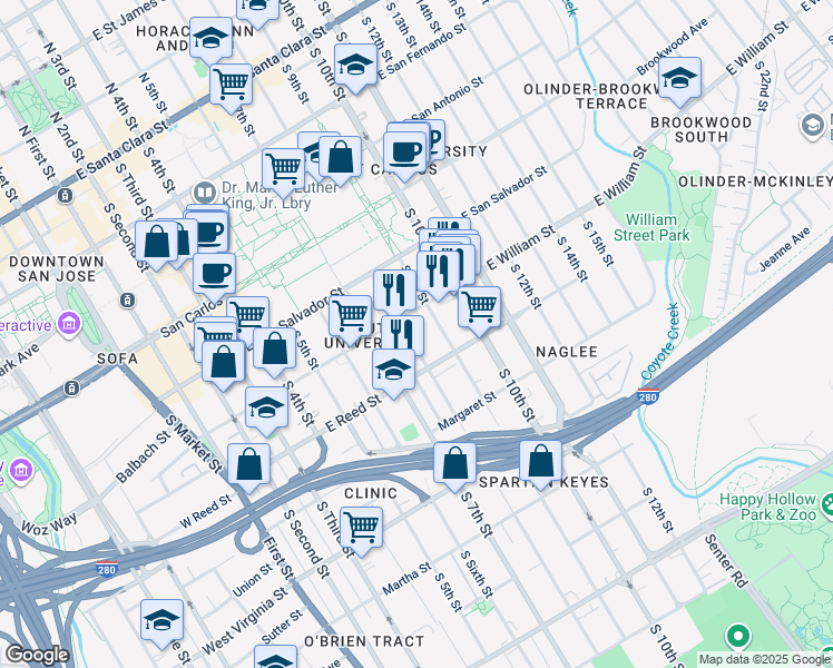 map of restaurants, bars, coffee shops, grocery stores, and more near 536 South 8th Street in San Jose