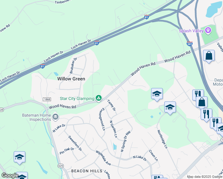 map of restaurants, bars, coffee shops, grocery stores, and more near 7949 Wood Haven Rd in Roanoke