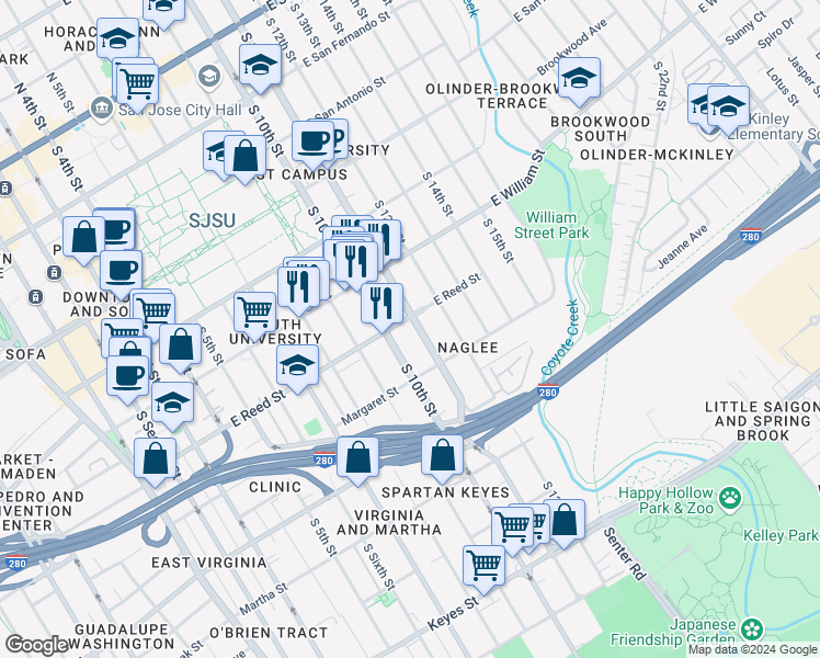map of restaurants, bars, coffee shops, grocery stores, and more near 485 East Reed Street in San Jose