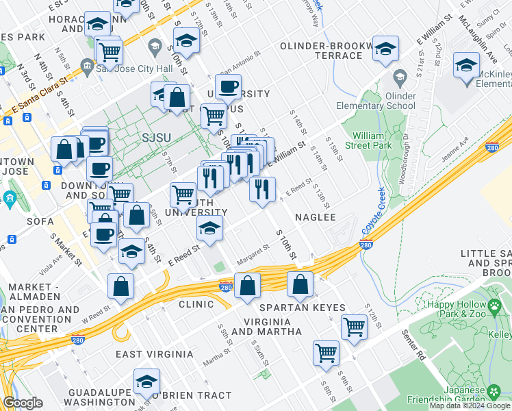 map of restaurants, bars, coffee shops, grocery stores, and more near 585 South 10th Street in San Jose