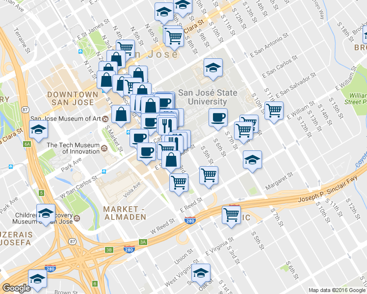 map of restaurants, bars, coffee shops, grocery stores, and more near 168 East San Salvador Street in San Jose
