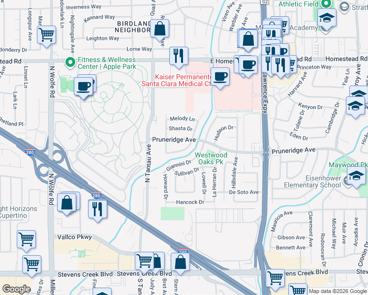 map of restaurants, bars, coffee shops, grocery stores, and more near 3824 Pruneridge Avenue in Santa Clara