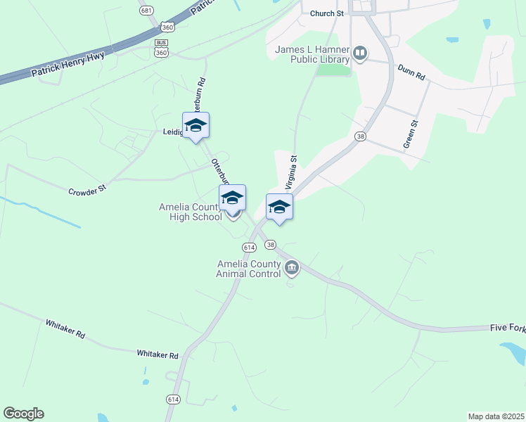 map of restaurants, bars, coffee shops, grocery stores, and more near 8530 North 5 Forks Road in Amelia Court House