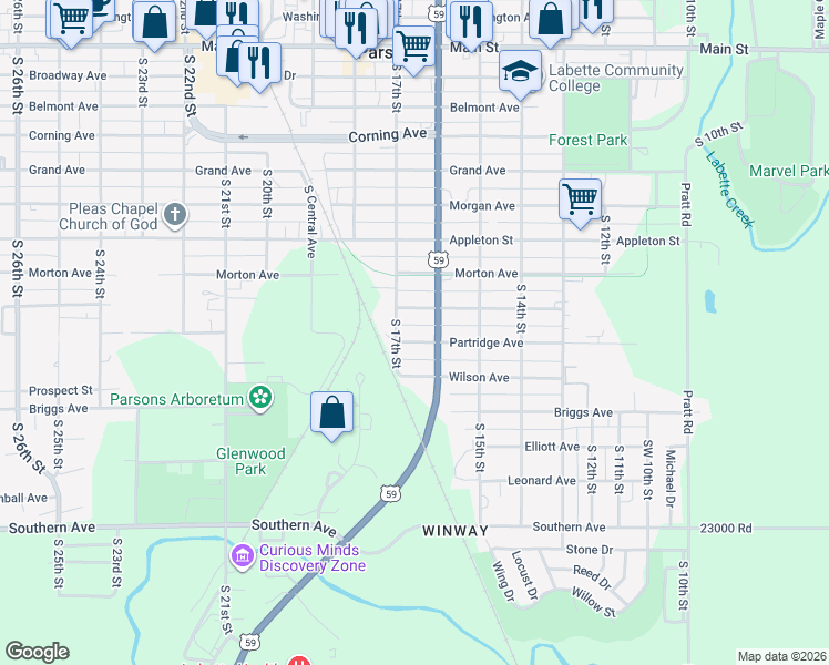 map of restaurants, bars, coffee shops, grocery stores, and more near 896-946 South 17th Street in Parsons