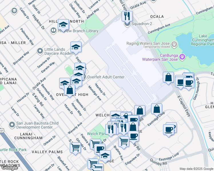 map of restaurants, bars, coffee shops, grocery stores, and more near 2126 Mendota Way in San Jose