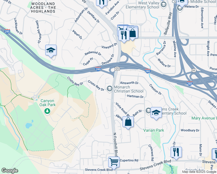 map of restaurants, bars, coffee shops, grocery stores, and more near 2371 Friars Court in Los Altos